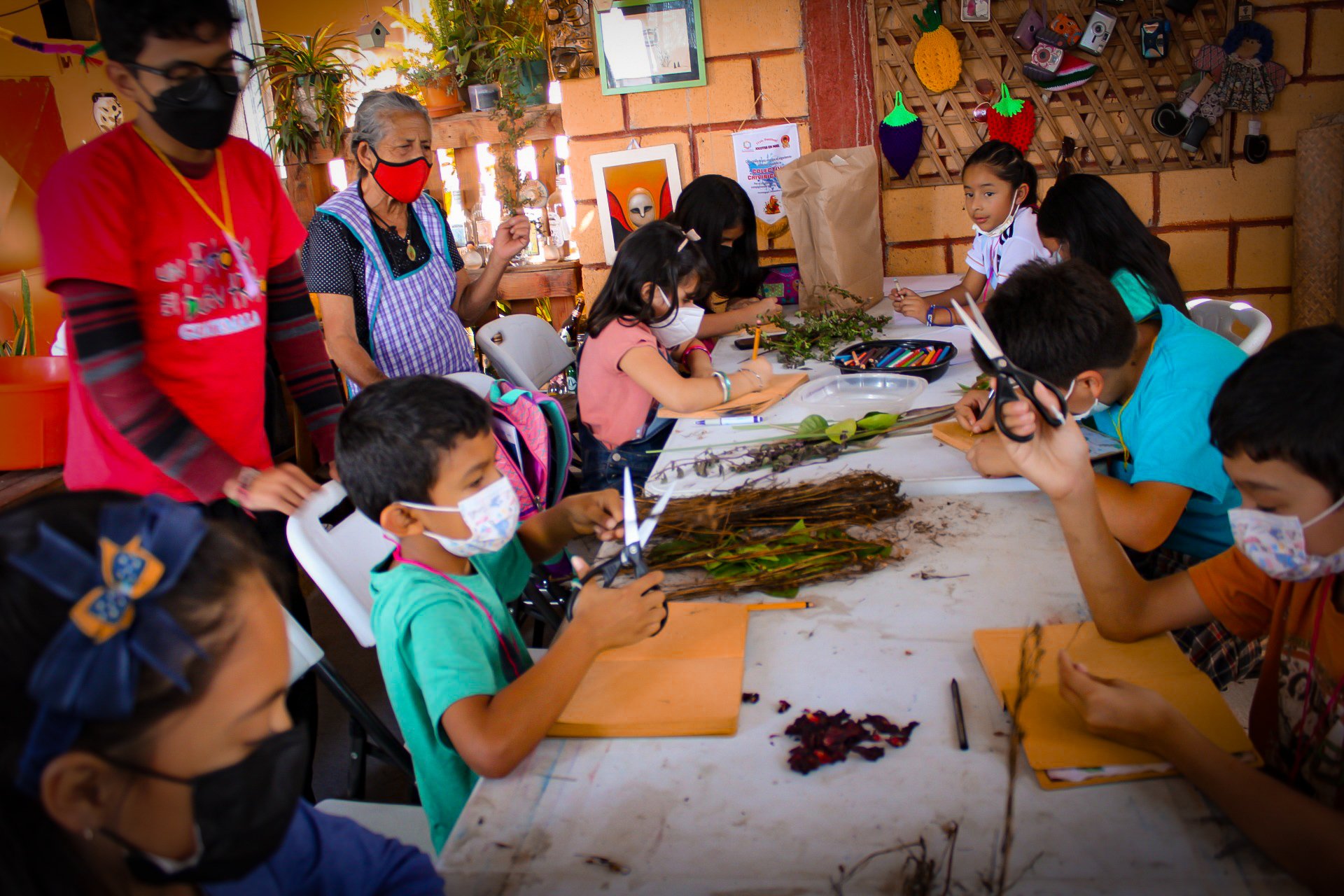  La abuela Daniela Ticurú facilitando un taller sobre la importancia y el uso de las plantas medicinales dirigido a niños y niñas. Foto del Colectivo Chiviricuarta 
